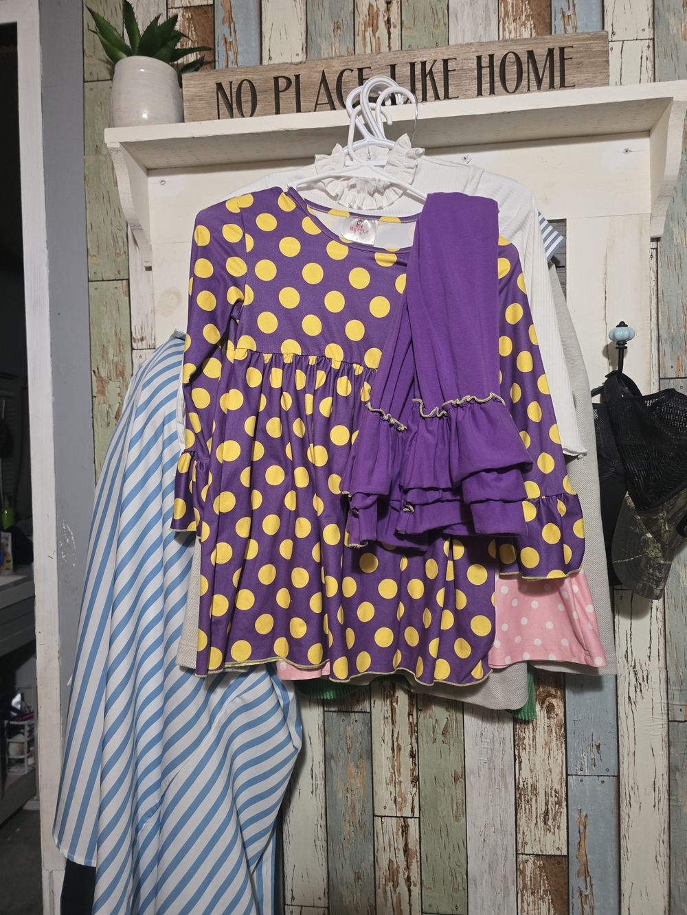 Girls Purple and Yellow Polka Dot Matching Set with Ruffle Leggings